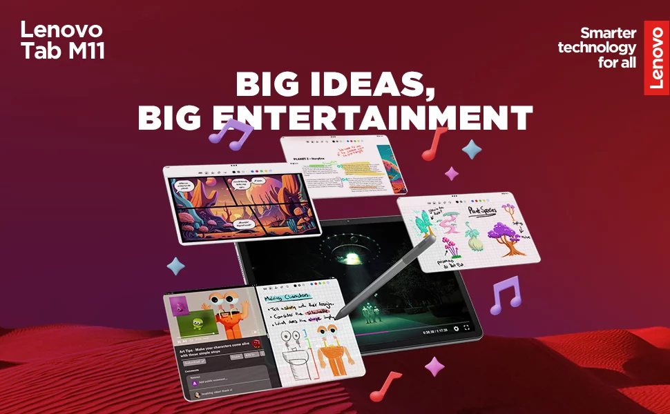 A vibrant Lenovo logo with "Big Ideas, Big Entertainment" highlighting innovation in tech.